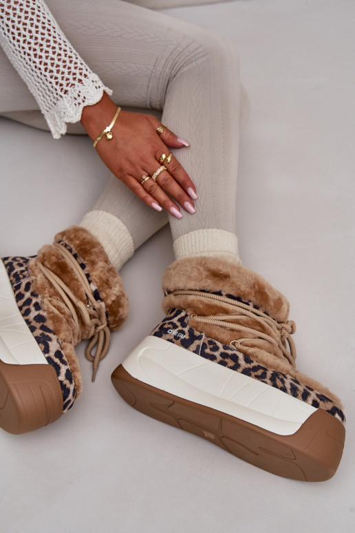 Kožené Snehule Dámske Zapnuté hrubej podrážke s kožušinou so vzormi leopardej kožušiny Big Star OO274A208 Hnedá farba Kožené Snehule Dámske Zapnuté hrubej podrážke s kožušinou so vzormi leopardej kožušiny Big Star OO274A208 Hnedá farba