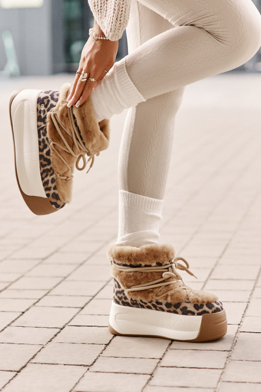 Kožené Snehule Dámske Zapnuté hrubej podrážke s kožušinou so vzormi leopardej kožušiny Big Star OO274A208 Hnedá farba Kožené Snehule Dámske Zapnuté hrubej podrážke s kožušinou so vzormi leopardej kožušiny Big Star OO274A208 Hnedá farba