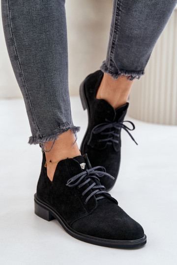 Zazoo 2959 zo semišu topánky Oksfordki so šnúrkami so širokými podpätkami čierna