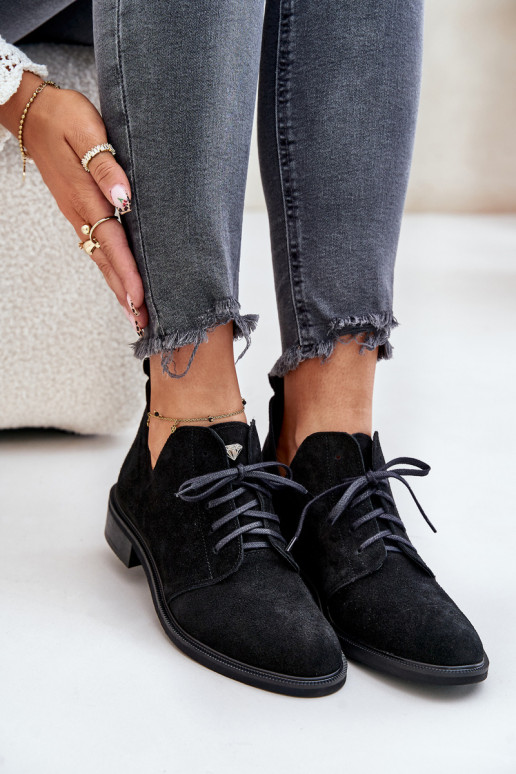 Zazoo 2959 zo semišu topánky Oksfordki so šnúrkami so širokými podpätkami čierna Zazoo 2959 zo semišu topánky Oksfordki so šnúrkami so širokými podpätkami čierna