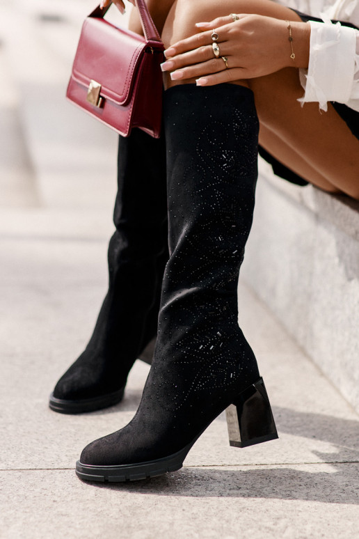 Zdobené dámske čižmy Pred kolenom zahriať sa s podpätkami MR880-158 čierna Zdobené dámske čižmy Pred kolenom zahriať sa s podpätkami MR880-158 čierna