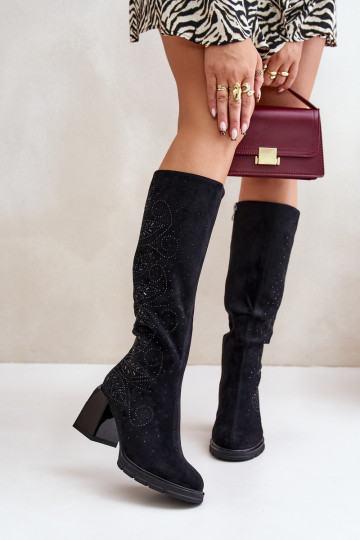 Zdobené dámske čižmy Pred kolenom zahriať sa s podpätkami MR880-158 čierna 2