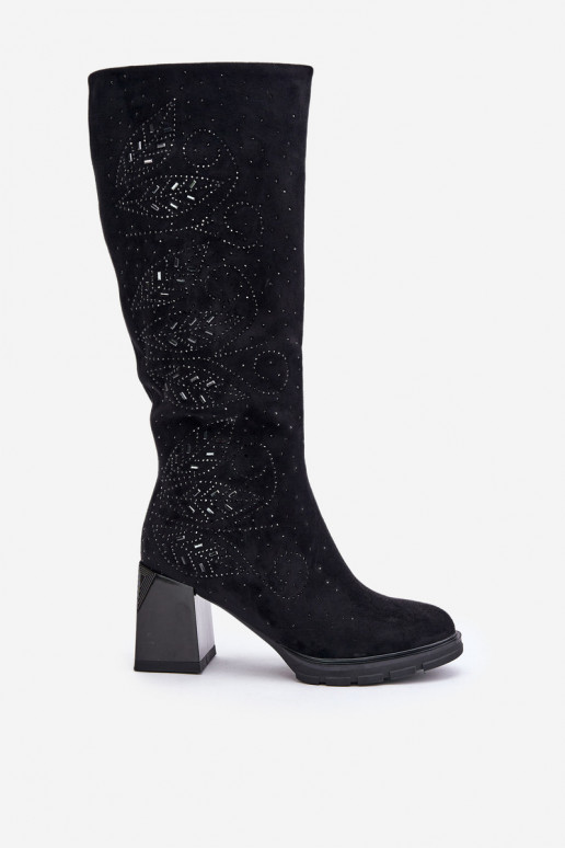 Zdobené dámske čižmy Pred kolenom zahriať sa s podpätkami MR880-158 čierna Zdobené dámske čižmy Pred kolenom zahriať sa s podpätkami MR880-158 čierna