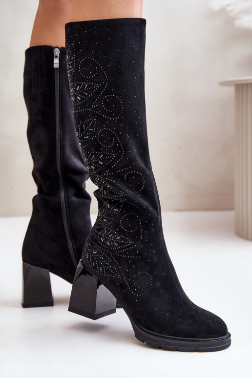 Zdobené dámske čižmy Pred kolenom zahriať sa s podpätkami MR880-158 čierna Zdobené dámske čižmy Pred kolenom zahriať sa s podpätkami MR880-158 čierna