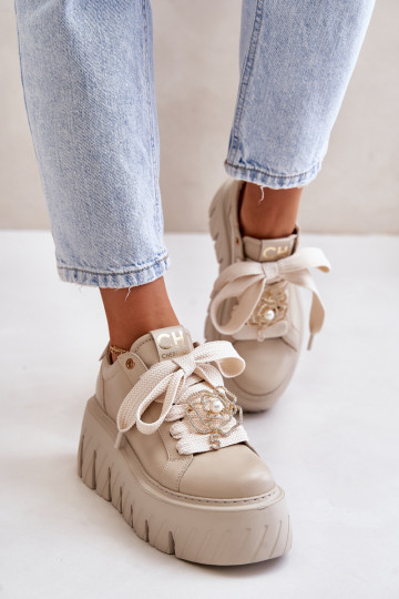 Tenisky model obuvi Dámske s trendovou masívnou podrážkou so zlatými detailmi CheBello 4530 béžová