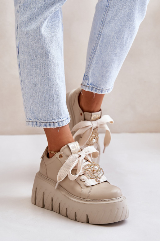 Tenisky model obuvi Dámske s trendovou masívnou podrážkou so zlatými detailmi CheBello 4530 béžová Tenisky model obuvi Dámske s trendovou masívnou podrážkou so zlatými detailmi CheBello 4530 béžová