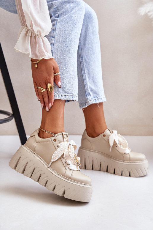 Tenisky model obuvi Dámske s trendovou masívnou podrážkou so zlatými detailmi CheBello 4530 béžová Tenisky model obuvi Dámske s trendovou masívnou podrážkou so zlatými detailmi CheBello 4530 béžová