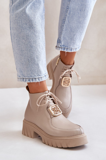 Zazoo 2952 Kožené Čižmy so zlatými detailmi béžová