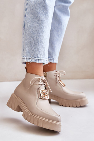 Zazoo 2952 Kožené Čižmy so zlatými detailmi béžová 2