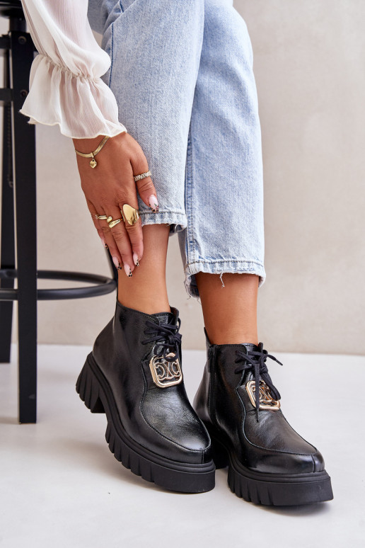 Zazoo 2952 Kožené Čižmy so zlatými detailmi čierna