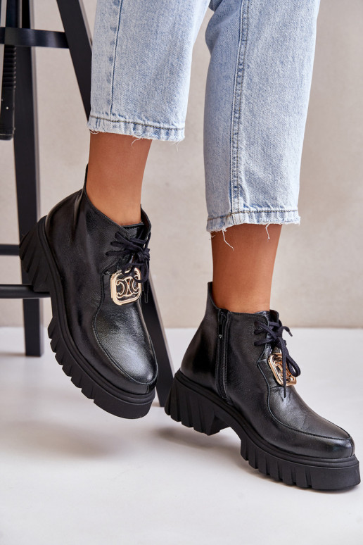 Zazoo 2952 Kožené Čižmy so zlatými detailmi čierna