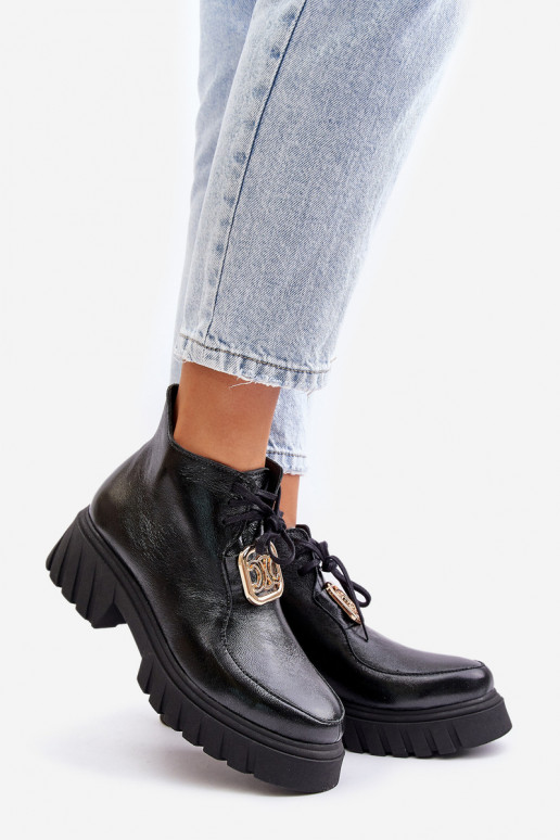 Zazoo 2952 Kožené Čižmy so zlatými detailmi čierna