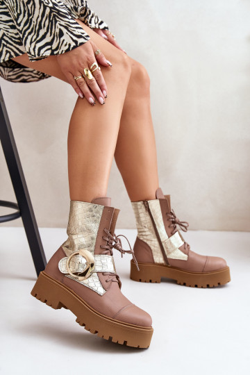 Zazoo 2942 Kožené Pracovné členkové topánky so zlatými prackami béžová