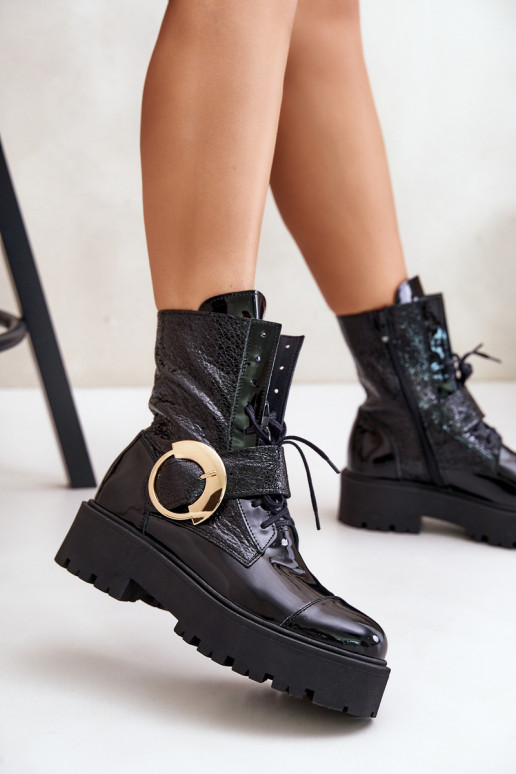 Zazoo 2942 Kožené Pracovné členkové topánky so zlatými prackami čierna Zazoo 2942 Kožené Pracovné členkové topánky so zlatými prackami čierna