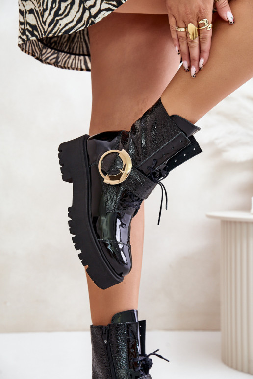 Zazoo 2942 Kožené Pracovné členkové topánky so zlatými prackami čierna Zazoo 2942 Kožené Pracovné členkové topánky so zlatými prackami čierna