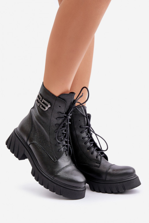 Zazoo 60486 Kožené Teplé čižmy na šnurovanie čierna