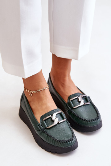 Zazoo 10141 kožené mokasíny s platformou a ornamentmi, khaki