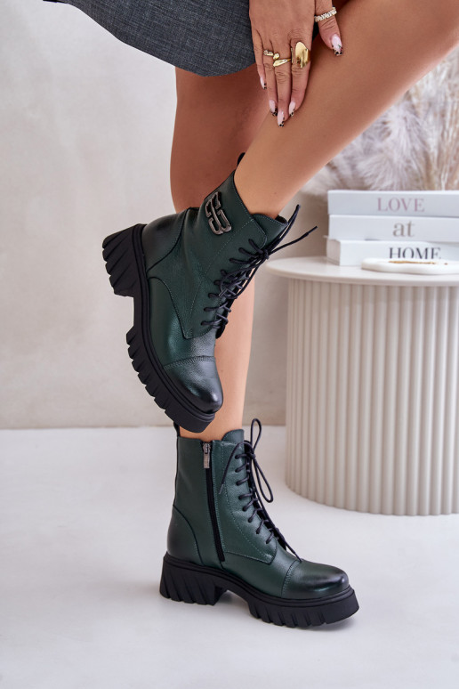 Zazoo 60486 Kožené Teplé čižmy na šnurovanie khaki farby Zazoo 60486 Kožené Teplé čižmy na šnurovanie khaki farby