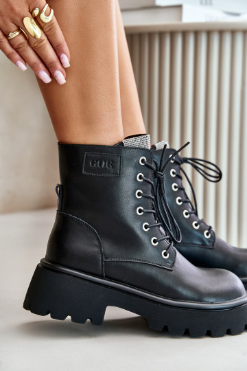zahriať sa Kožené Pracovné členkové topánky Dámske s trblietavými otvormi GOE OO2N4125 čierna