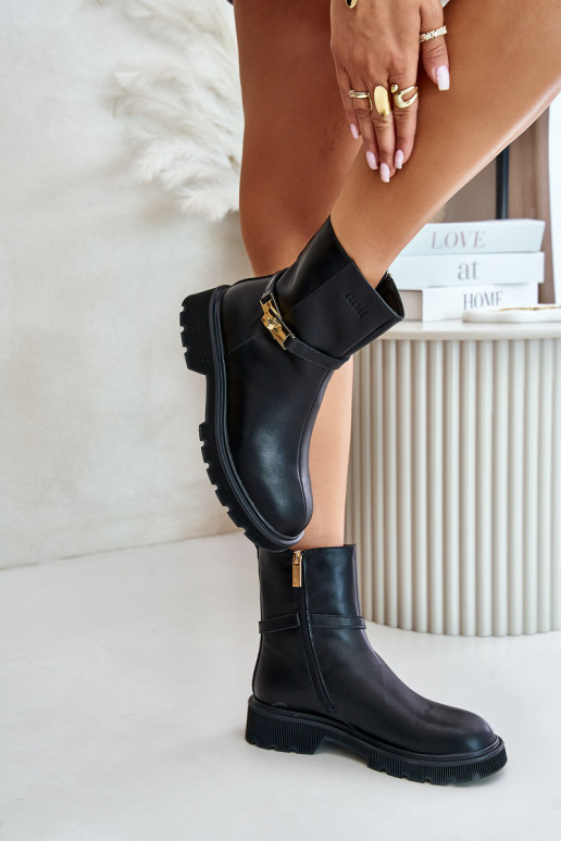 Kožené Dámske čižmy s popruhmi zahriať sa GOE OO2N4150 čierna Kožené Dámske čižmy s popruhmi zahriať sa GOE OO2N4150 čierna
