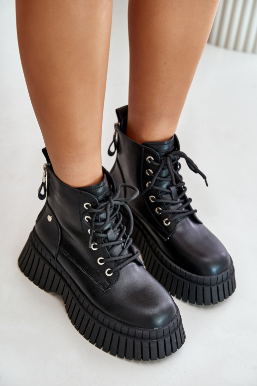 zahriať sa Kožené Čižmy topánky s trendovou masívnou podrážkou GOE OO2N4126 čierna