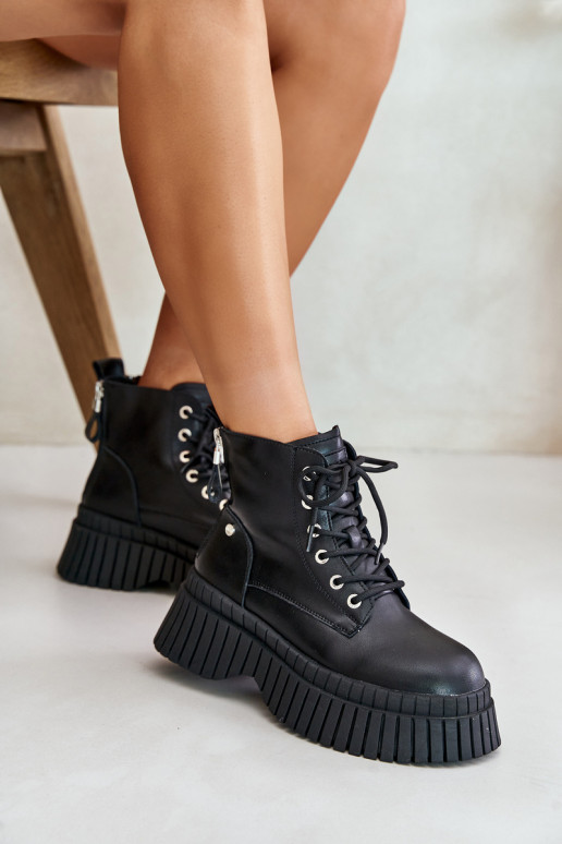 zahriať sa Kožené Čižmy topánky s trendovou masívnou podrážkou GOE OO2N4126 čierna