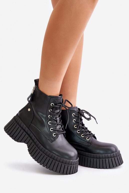 zahriať sa Kožené Čižmy topánky s trendovou masívnou podrážkou GOE OO2N4126 čierna