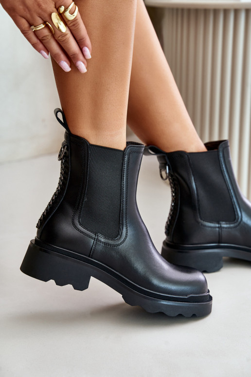 Kožené štýlové čižmy S ozdobnou retiazkou zahriať sa D&A JC42-86 čierna Kožené štýlové čižmy S ozdobnou retiazkou zahriať sa D&A JC42-86 čierna