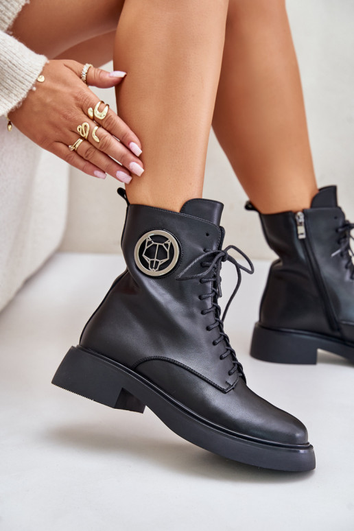 Kožené Teplé čižmy na šnurovanie Zapnuté Hrad s ozdobami čierna Lorevine