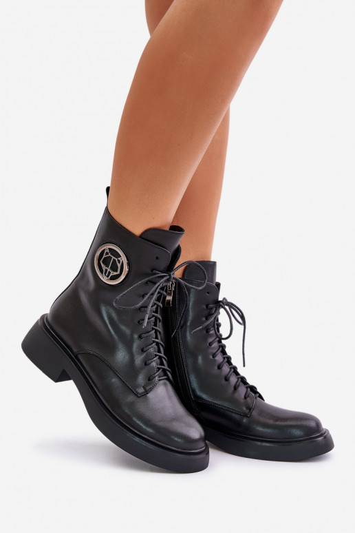 Kožené Teplé čižmy na šnurovanie Zapnuté Hrad s ozdobami čierna Lorevine