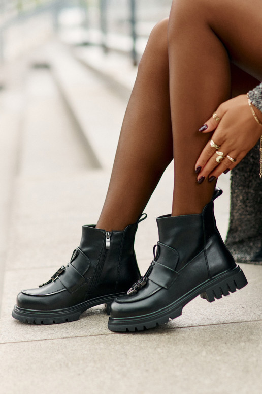 Kožené Čižmy so širokými podpätkami s ozdobami zahriať sa čierna Asperra