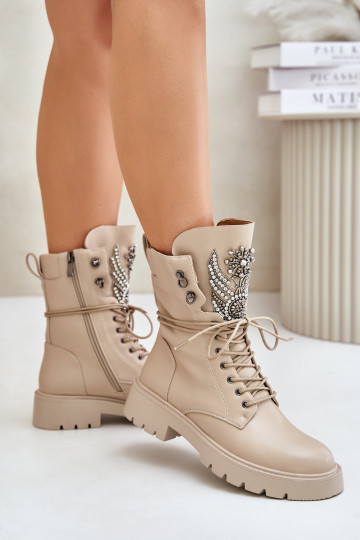 Eko Kožené Pracovné členkové topánky S Dekoráciou zahriať sa D&A MR880-080 béžová