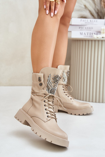 Eko Kožené Pracovné členkové topánky S Dekoráciou zahriať sa D&A MR880-080 béžová 2