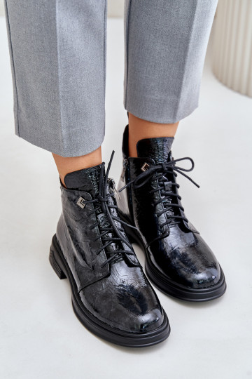 Kožené s lakovým efektom Dámske čižmy zahriať sa Zapnuté Hrad D&A LZ42-042 Čierna a-sivá