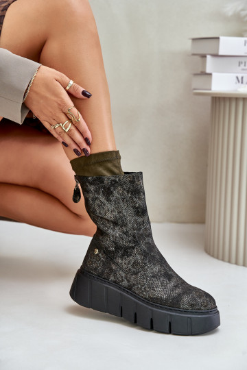 Kožené Dámske čižmy s platformou Máciejka 06766-09 khaki farby