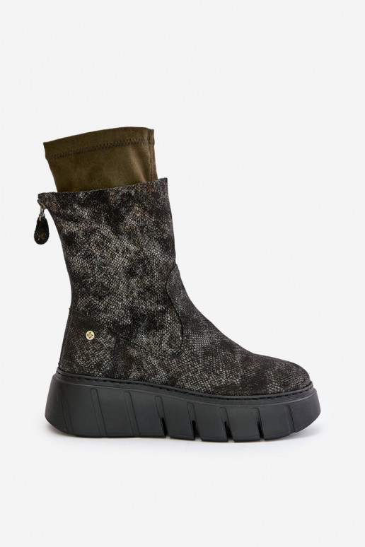 Kožené Dámske čižmy s platformou Máciejka 06766-09 khaki farby Kožené Dámske čižmy s platformou Máciejka 06766-09 khaki farby