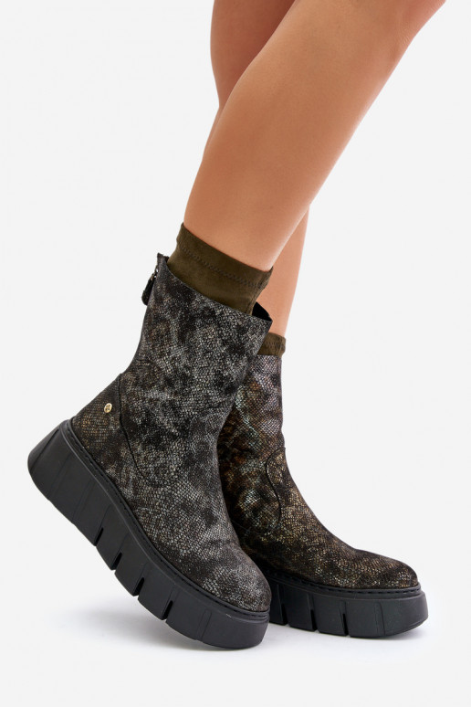 Kožené Dámske čižmy s platformou Máciejka 06766-09 khaki farby Kožené Dámske čižmy s platformou Máciejka 06766-09 khaki farby