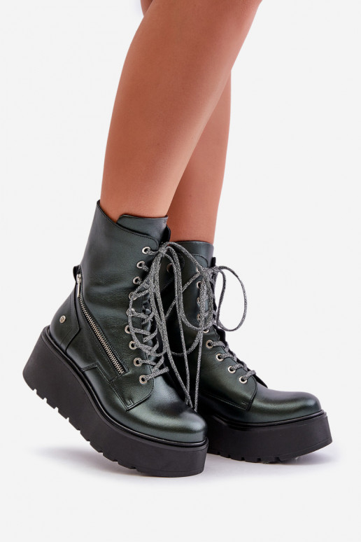 Kožené Pracovné členkové topánky s platformou I Koturnie Máciejka 06676-09 zelená farba