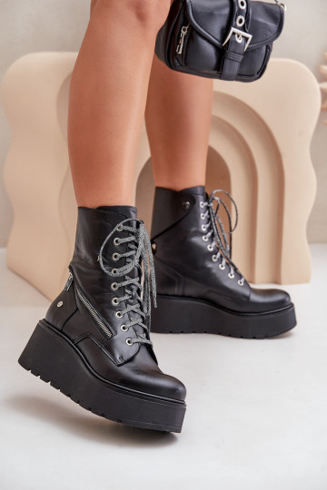 Kožené Pracovné členkové topánky s platformou I Koturnie Máciejka 06676-01 čierna 2