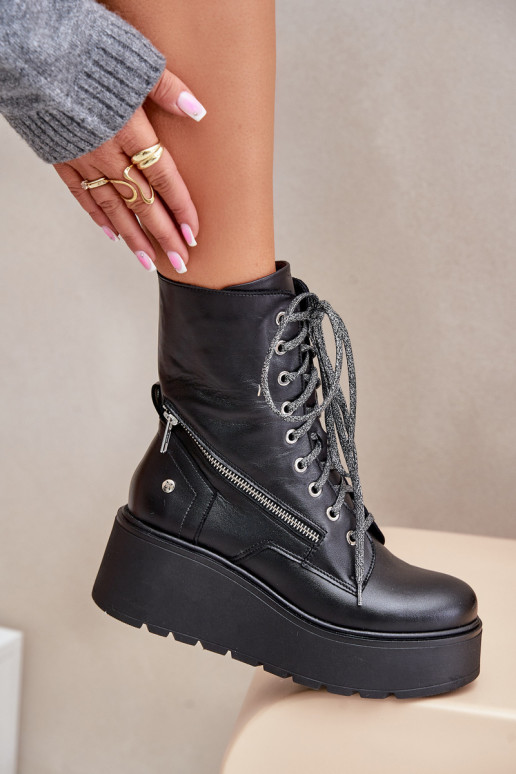 Kožené Pracovné členkové topánky s platformou I Koturnie Máciejka 06676-01 čierna Kožené Pracovné členkové topánky s platformou I Koturnie Máciejka 06676-01 čierna