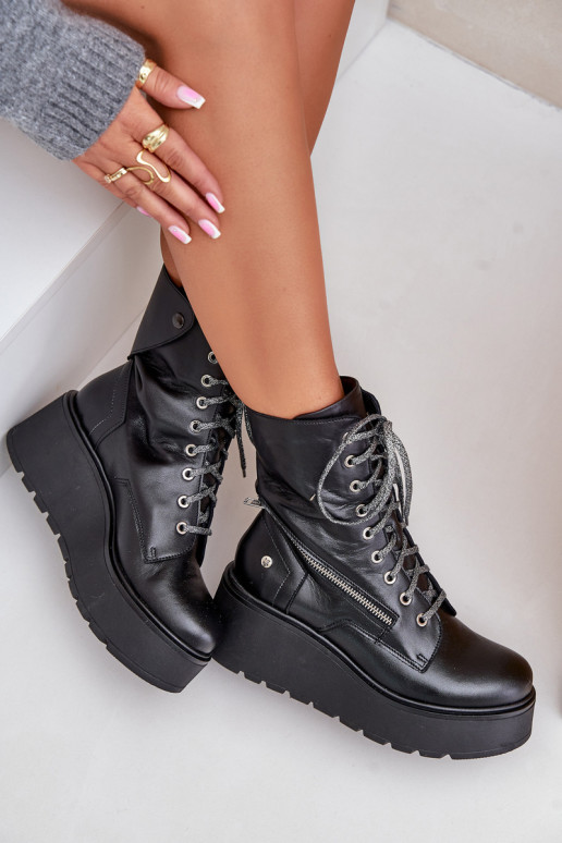 Kožené Pracovné členkové topánky s platformou I Koturnie Máciejka 06676-01 čierna Kožené Pracovné členkové topánky s platformou I Koturnie Máciejka 06676-01 čierna