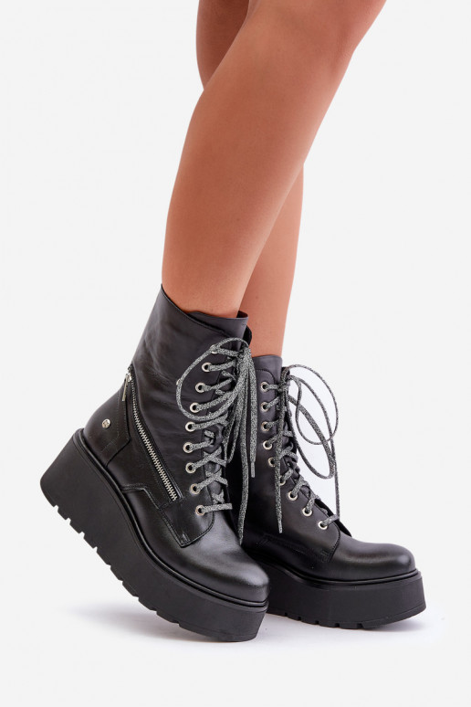 Kožené Pracovné členkové topánky s platformou I Koturnie Máciejka 06676-01 čierna Kožené Pracovné členkové topánky s platformou I Koturnie Máciejka 06676-01 čierna