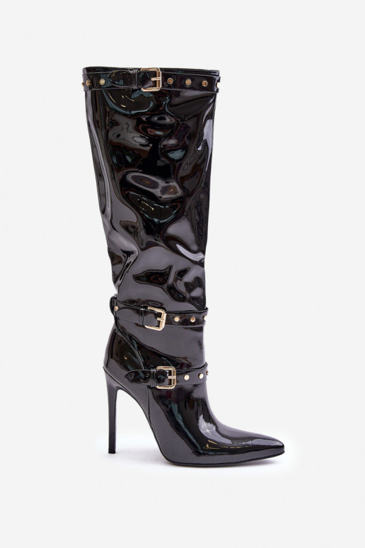 s lakovým efektom čižmy s tenkými podpätkami s prackami čierna Emiraethe s lakovým efektom čižmy s tenkými podpätkami s prackami čierna Emiraethe