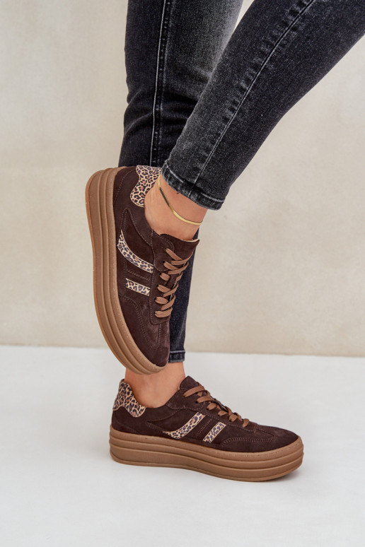 Zazoo N1176 zo semišu Tenisky model obuvi s platformou so vzormi leopardej kožušiny CzekoladoIne