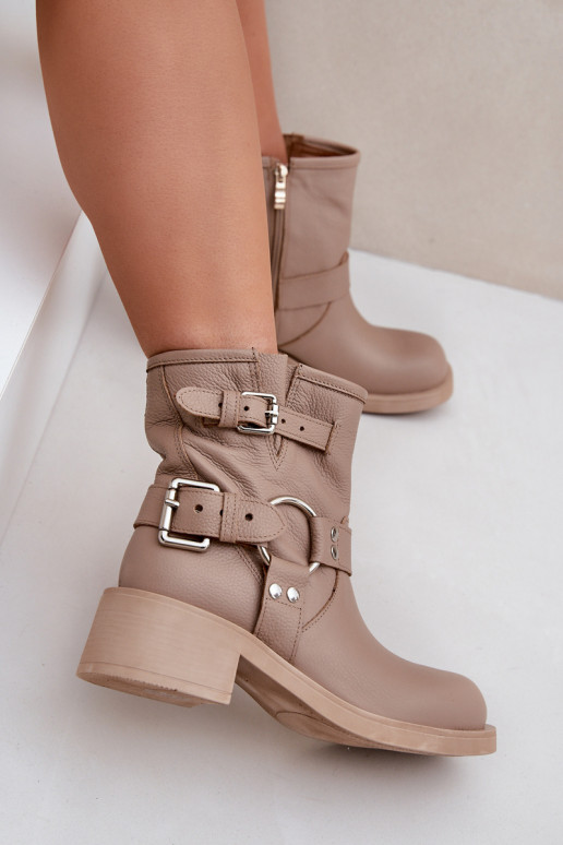 Kožené Dámske čižmy Zapnuté nízkom opätku Klocku S pruhmi Zazoo 3644 béžová