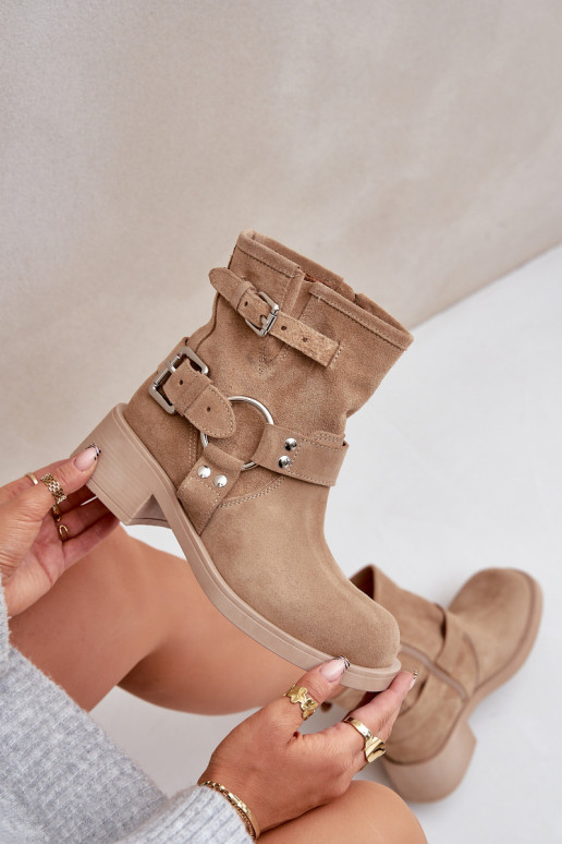 Semišové topánky Dámske Zapnuté nízkom opätku Klocku S pruhmi Zazoo 3644 béžová