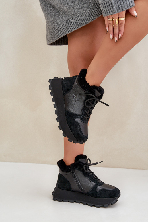 Kožené Tenisky model obuvi topánky Dámske s kožušinou s platformou Big Star OO274A329 čierna