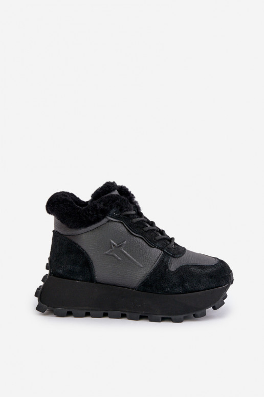 Kožené Tenisky model obuvi topánky Dámske s kožušinou s platformou Big Star OO274A329 čierna