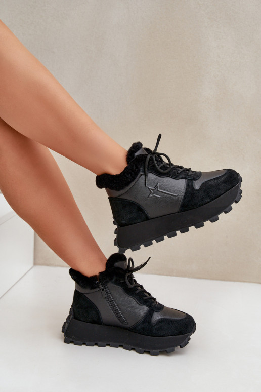 Kožené Tenisky model obuvi topánky Dámske s kožušinou s platformou Big Star OO274A329 čierna