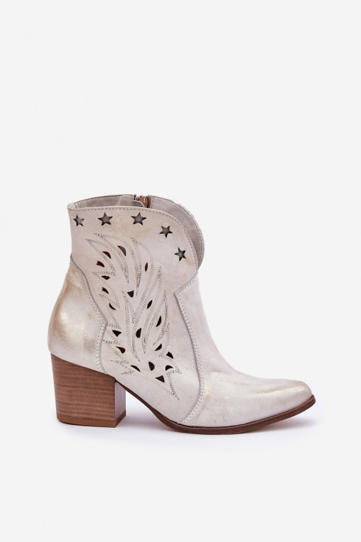 Prelamované čižmy kovbojský štýl Kožené s podpätkami LeInski 3613 zlatej farby Przecierany